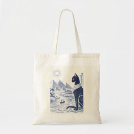 Oude Egyptische Bastet Kat en Piramides Blauw Tote Bag