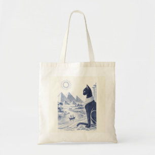 Oude Egyptische Bastet Kat en Piramides Blauw  Tote Bag