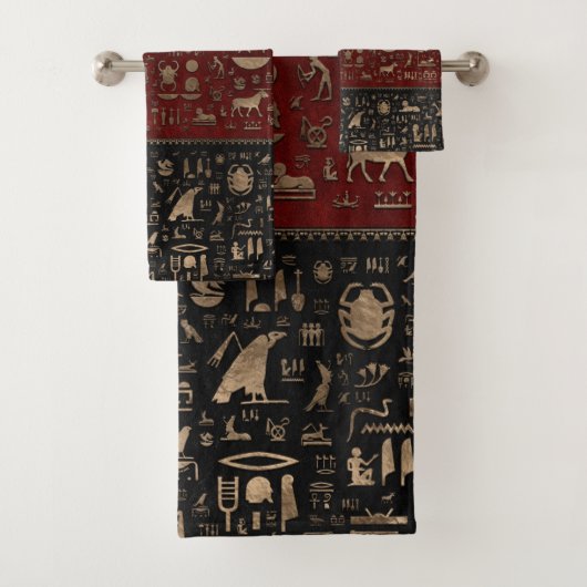 Oude Egyptische hiërogliefen - zwart rood leder Bad Handdoek (Insitu)