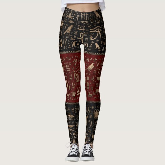 Oude Egyptische hiërogliefen - zwart rood leder Leggings (Voorkant)