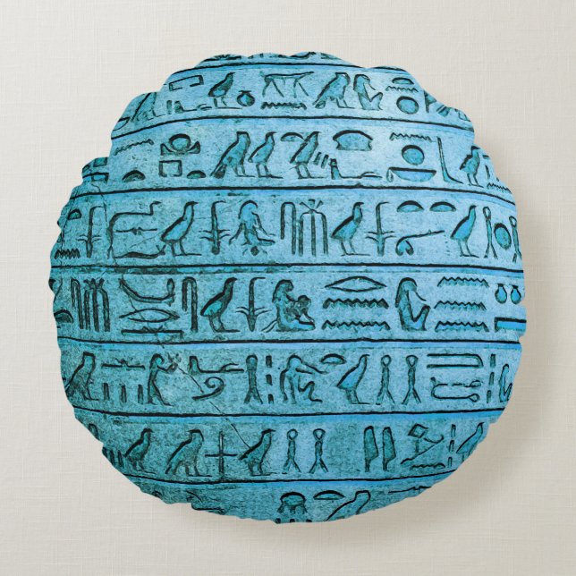 Oude Egyptische Hieroglyphs Blue Round Pillow Rond Kussen (Voorkant)