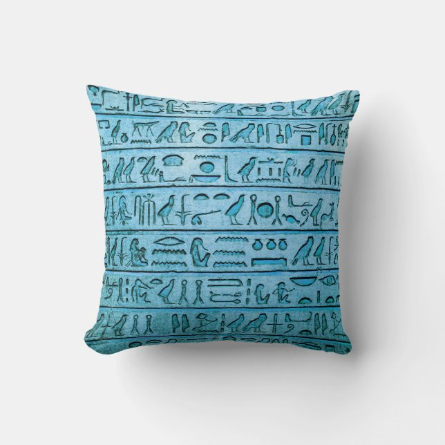Oude Egyptische Hieroglyphs - Blue Square Pillow Kussen (Voorkant)