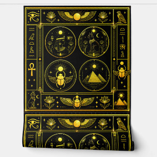 Oude Egyptische Symbolen Zwart Goud Patroon Luxe Behang