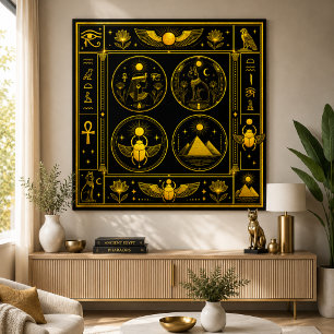 Oude Egyptische Symbolen Zwart Goud Patroon Luxe Poster