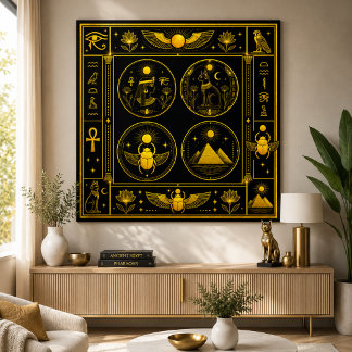 Oude Egyptische Symbolen Zwart Goud Patroon Luxe Poster