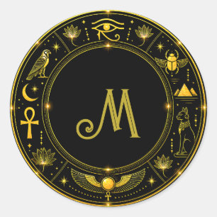 Oude Egyptische Symbolen Zwart Goud Patroon Luxe Ronde Sticker