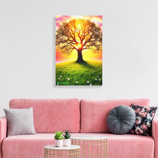 Oude eik op groene heuvel bij zonsondergang canvas afdruk (Insitu (Woonkamer))