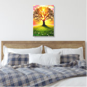 Oude eik op groene heuvel bij zonsondergang canvas afdruk (Insitu (Slaapkamer))