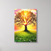 Oude eik op groene heuvel bij zonsondergang canvas afdruk (Voorkant)