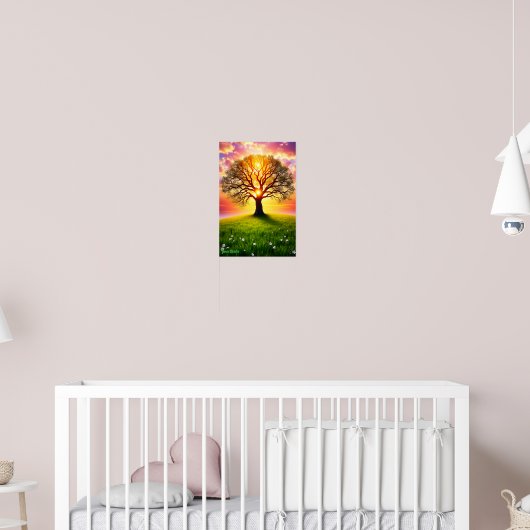 Oude eik op groene heuvel bij zonsondergang poster (Kinderkamer 2)