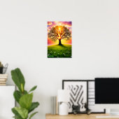 Oude eik op groene heuvel bij zonsondergang poster (Thuiskantoor)
