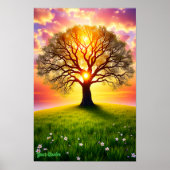 Oude eik op groene heuvel bij zonsondergang poster (Voorkant)
