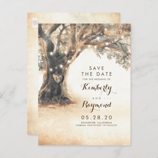 Oude Eiken Boom en Gesneden Hart Save the Date Aankondigingskaart (Voorkant / Achterkant)