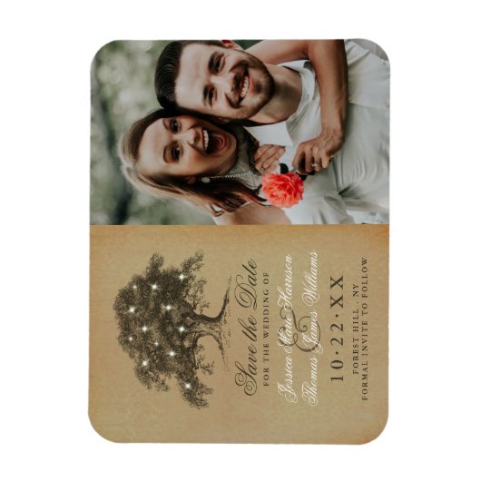  oude eiken boom foto bruiloft bewaar de datum magneet (Verticaal)