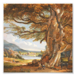 Oude eikenboom rivier landschap olieverfschilderij foto afdruk