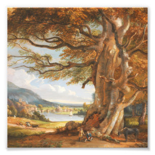 Oude eikenboom rivier landschap olieverfschilderij foto afdruk