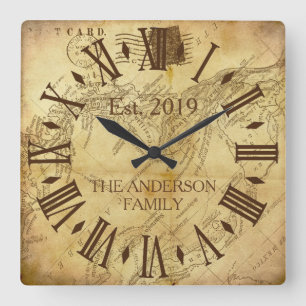 Oude Elegante Familienaam Landelijke Romeinse Cijf Vierkante Klok