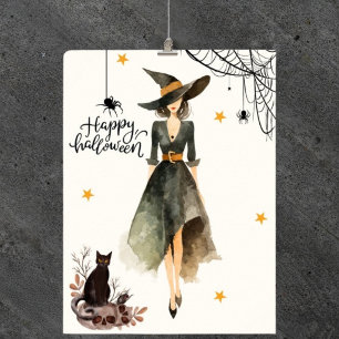 Oude Elegante Heksenkat Spinnen Gotische Halloween Poster