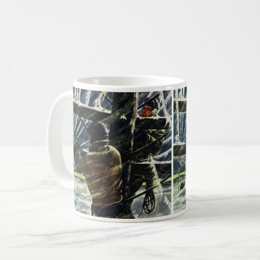 Oude elektricien werkzaam in sneeuwstorm koffiemok (Voorkant links)