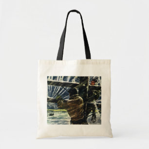 Oude elektricien werkzaam in sneeuwstorm tote bag