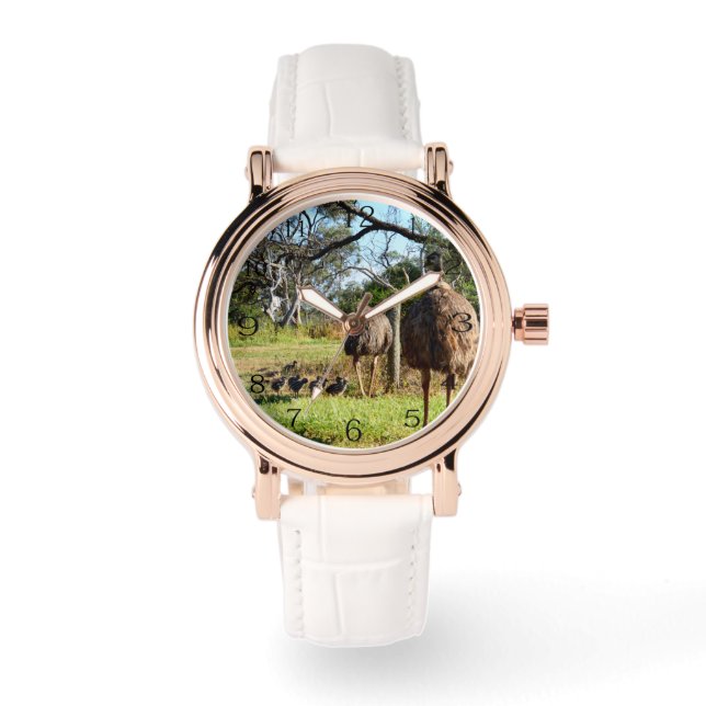 Oude emu-ouders met kippen, horloge (Voorkant)