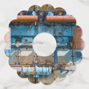 Oude en roestachtige atlas Imperial diesel engine Wijnglaslabel