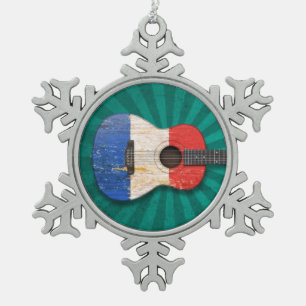 Oude en versleten Franse vlag Akoestische gitaar, Tin Sneeuwvlok Ornament