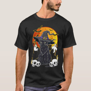 Oude enge Halloween zwarte kat heksenhoed T-shirt