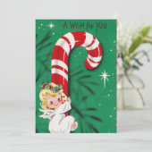 Oude engel die zich vastklampt aan een zuurstok feestdagenkaart (Staand voorkant)