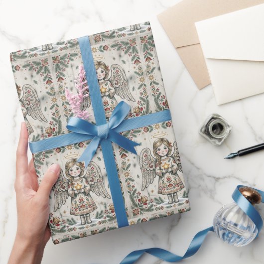 Oude engel volkskunst Kerstmis Cadeaupapier (Geschenken)
