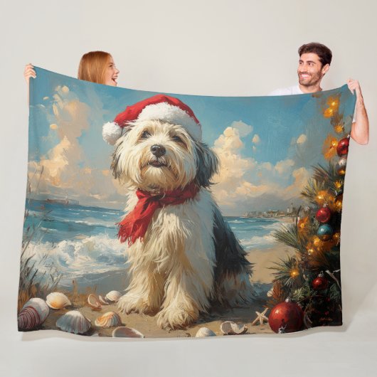 Oude Engelse Herdershond Kerstmis Vintage Strand Fleece Deken (In situ)