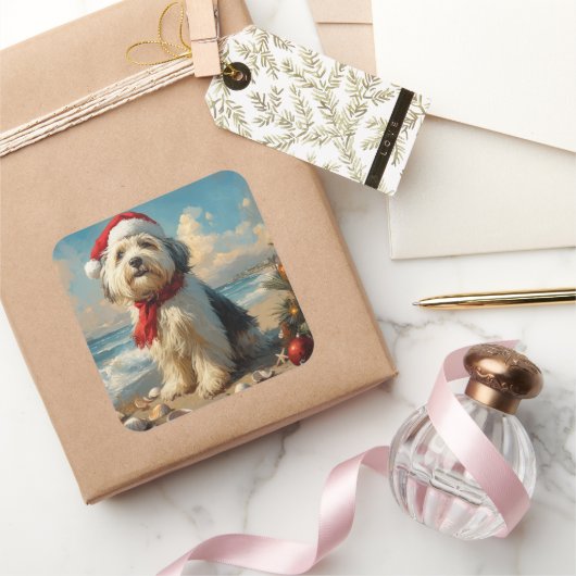 Oude Engelse Herdershond Kerstmis Vintage Strand Vierkante Sticker (Geschenken)