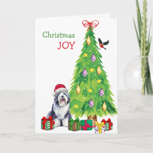Oude Engelse herdershond, vogel en kerstboom Feestdagen Kaart (Voorkant)