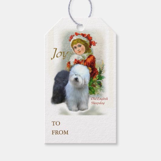 Oude Engelse kerstcadeautjes van Sheepdog Cadeaulabel (Voorkant)
