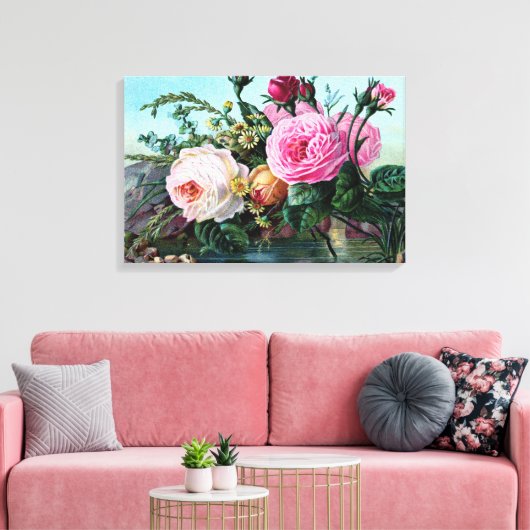 Oude Engelse Rozen Bloemendruk Shabby Chic oud Canvas Afdruk (Insitu (Woonkamer))