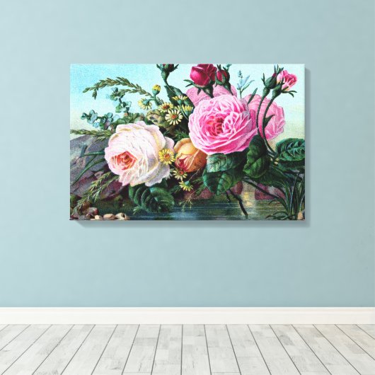 Oude Engelse Rozen Bloemendruk Shabby Chic oud Canvas Afdruk (Insitu (Houten vloer))