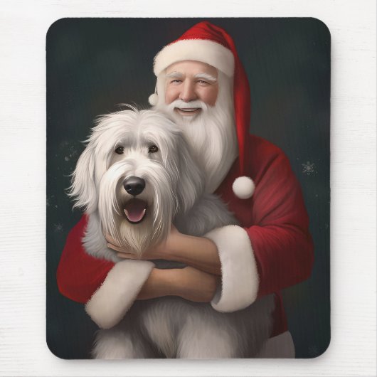 Oude Engelse Schaapshond met Kerstman Festief Muismat (Voorkant)