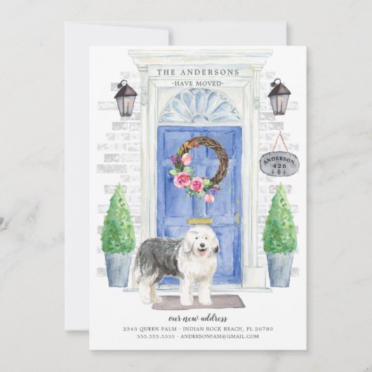 Oude Engelse Sheepdog door Moving Announement Kaart (Voorkant)