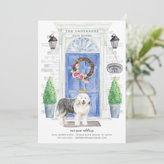 Oude Engelse Sheepdog door Moving Announement Kaart (Staand voorkant)