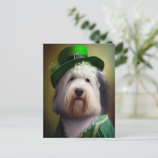 Oude Engelse Sheepdog in St. Patrick's Day Dress Briefkaart (Staand voorkant)