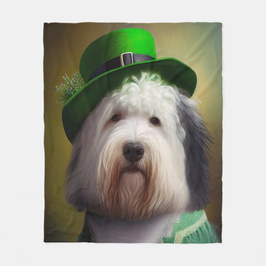 Oude Engelse Sheepdog in St. Patrick's Day Dress Fleece Deken (Voorkant)