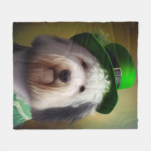 Oude Engelse Sheepdog in St. Patrick's Day Dress Fleece Deken (Voorkant (Horizontaal))