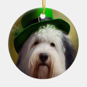 Oude Engelse Sheepdog in St. Patrick's Day Dress Keramisch Ornament