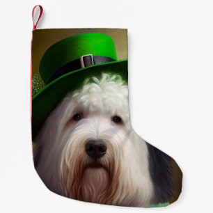 Oude Engelse Sheepdog in St. Patrick's Day Dress Kleine Kerstsok