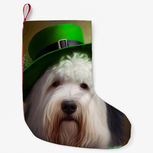 Oude Engelse Sheepdog in St. Patrick's Day Dress Kleine Kerstsok (Voorkant)