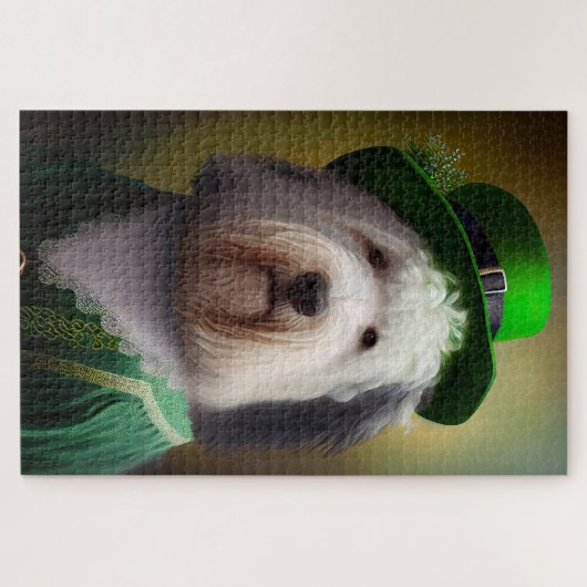 Oude Engelse Sheepdog in St. Patrick's Day Dress Legpuzzel (Horizontaal)