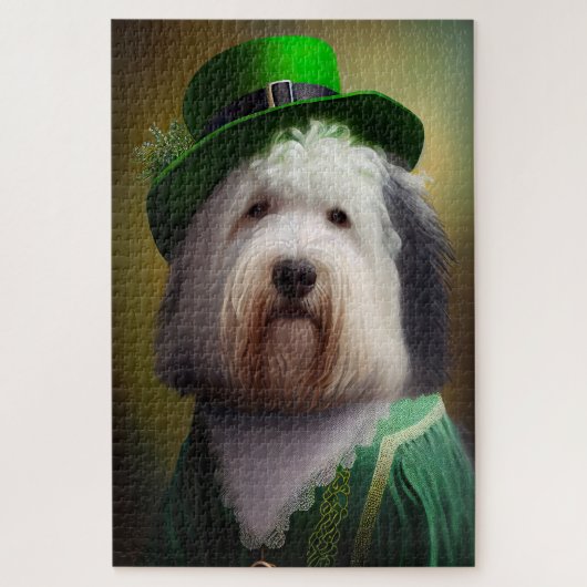 Oude Engelse Sheepdog in St. Patrick's Day Dress Legpuzzel (Verticaal)