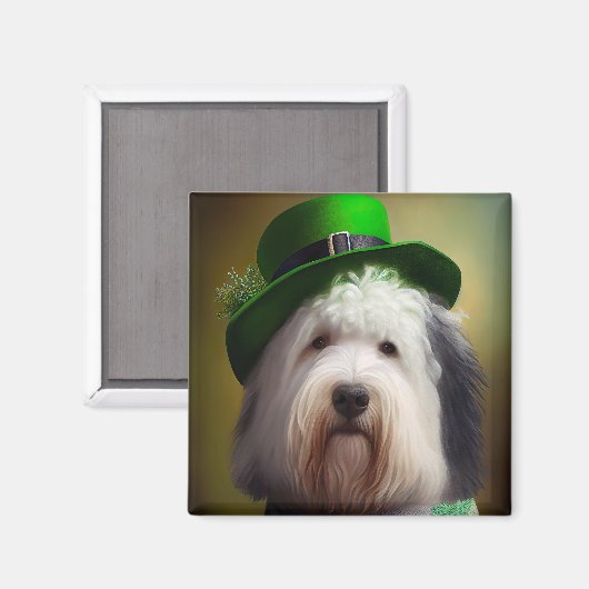 Oude Engelse Sheepdog in St. Patrick's Day Dress Magneet (Voorkant / Achterkant)
