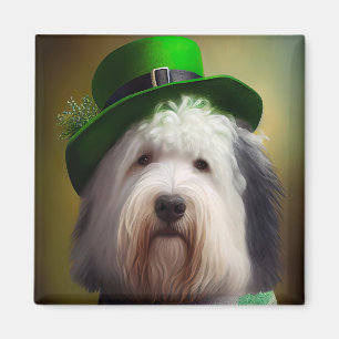 Oude Engelse Sheepdog in St. Patrick's Day Dress Magneet