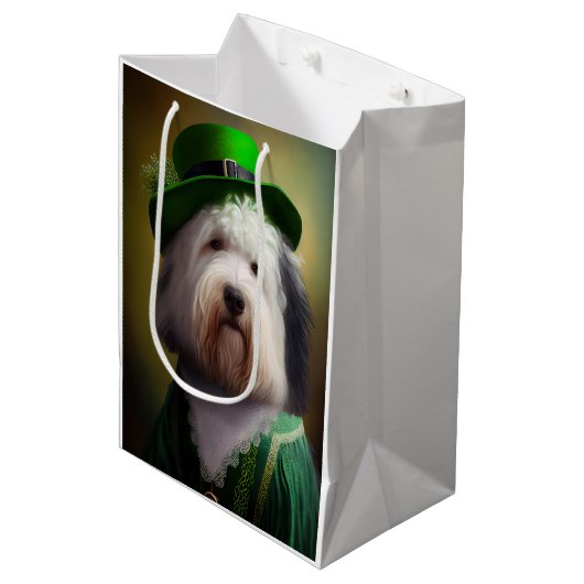 Oude Engelse Sheepdog in St. Patrick's Day Dress Medium Cadeauzakje (Voorkant Gekanteld)
